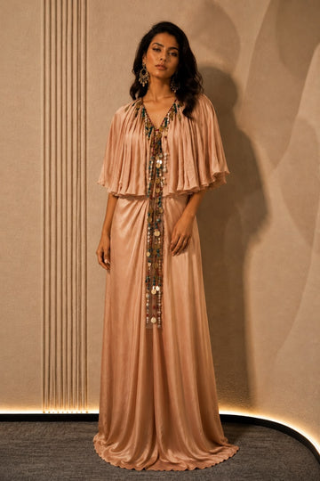 Beige Cape Sleeve Draped Gown