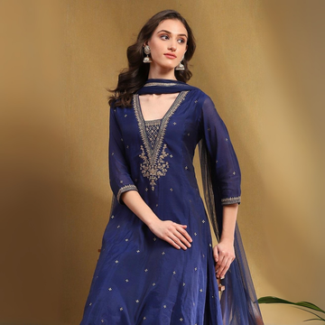 Perfect Festive & Casual Sets: Blue Printed Kurti with Dupatta and Chanderi Cotton Kurta with Churidar & Dupatta | KS-14