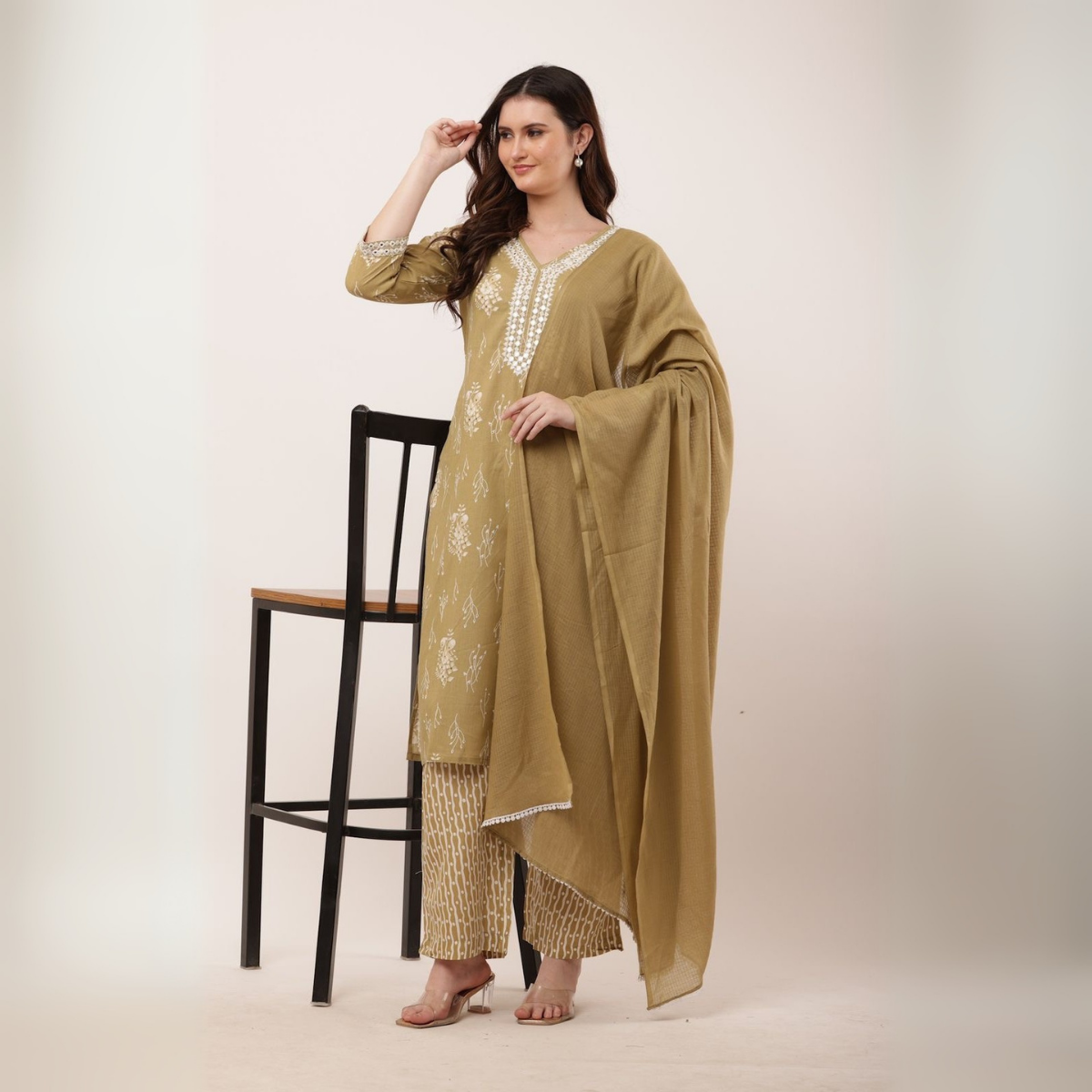 Women’s Olive Embroidered Cotton Kurta with Coordinated Dupatta Set