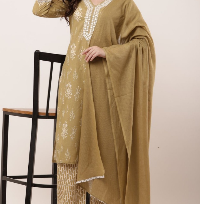 Women’s Olive Embroidered Cotton Kurta with Coordinated Dupatta Set