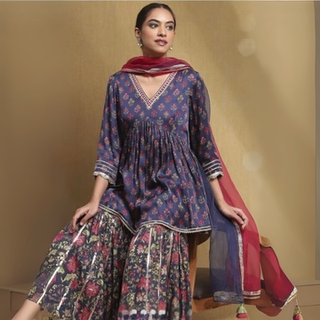 Women's Navy Floral Kurta with Plum Flared Pants & Ombre Dupatta Set – Stylish & Comfortable | KS-13