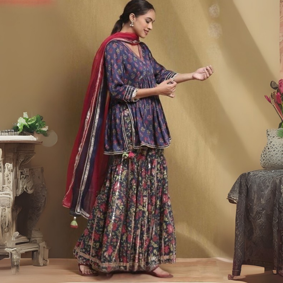 Women's Navy Floral Kurta with Plum Flared Pants & Ombre Dupatta Set – Stylish & Comfortable | KS-13