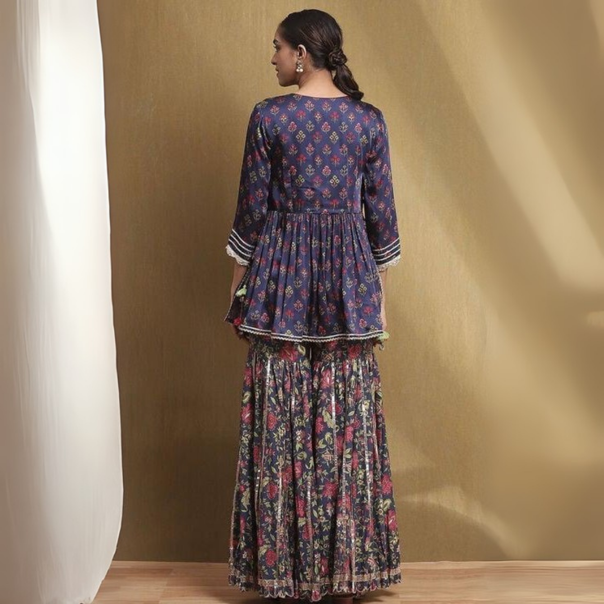 Women's Navy Floral Kurta with Plum Flared Pants & Ombre Dupatta Set – Stylish & Comfortable | KS-13