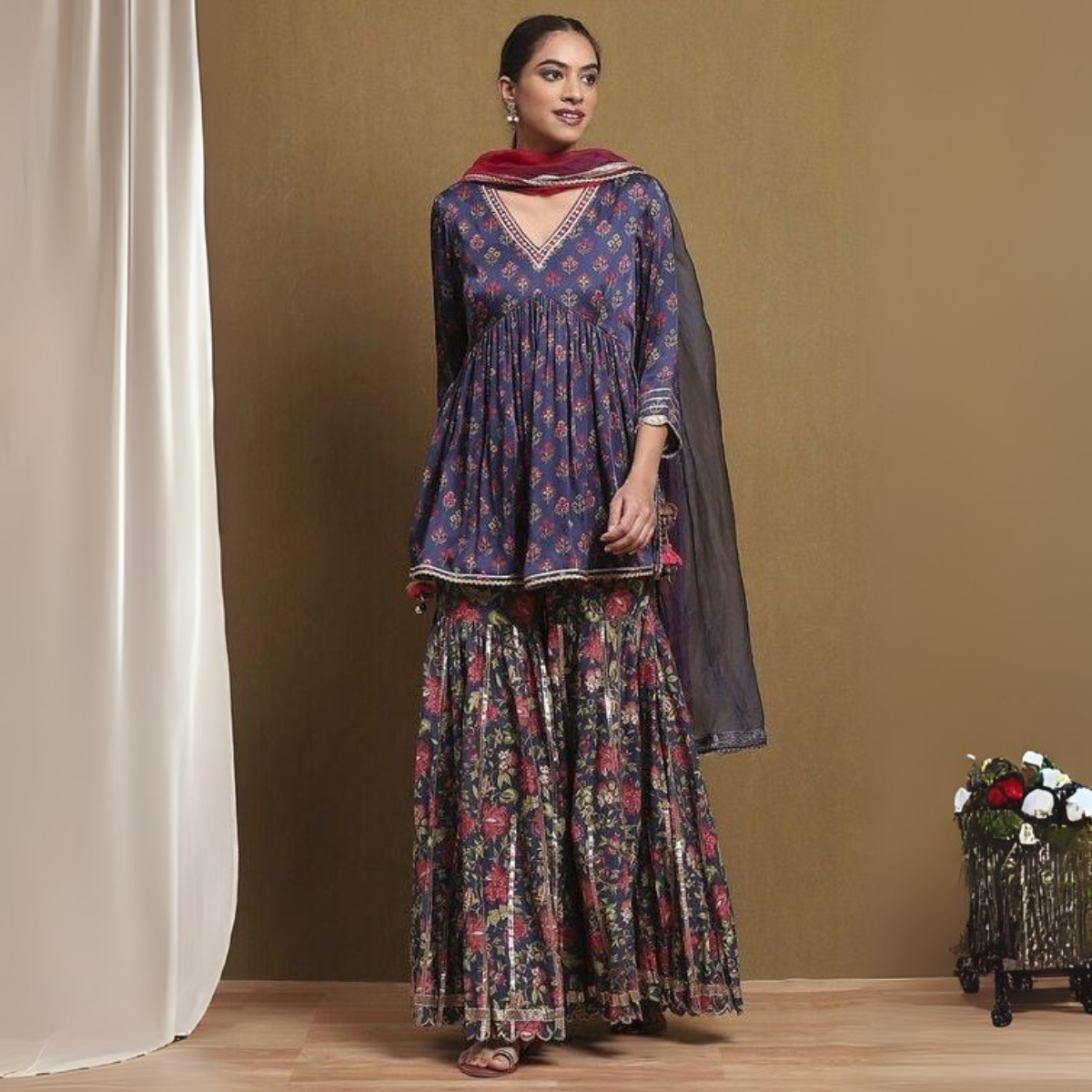 Women's Navy Floral Kurta with Plum Flared Pants & Ombre Dupatta Set – Stylish & Comfortable | KS-13