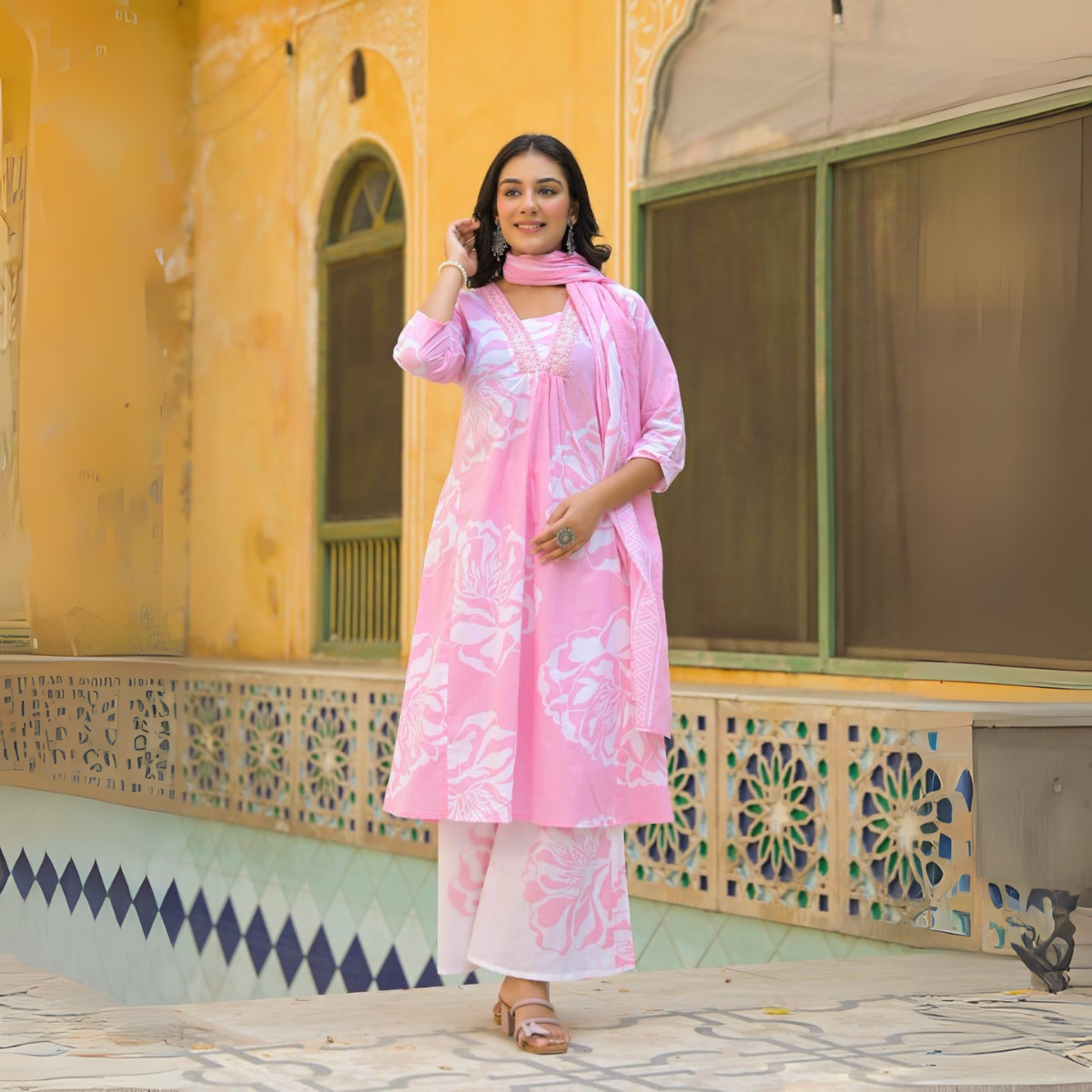 Women's Blue Cotton Printed Kurta with Matching Salwar and Dupatta Set – Perfect Casual & Festive Outfit | KS-10