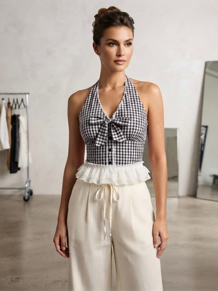 Brigitte Gingham Lace-Trim Halter Top