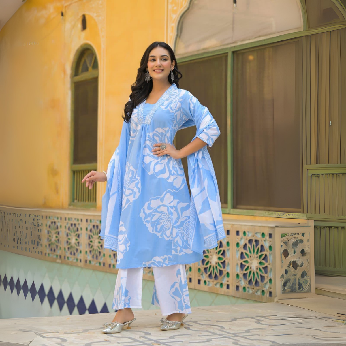 Women's Blue Cotton Printed Kurta with Matching Salwar and Dupatta Set – Perfect Casual & Festive Outfit | KS-10