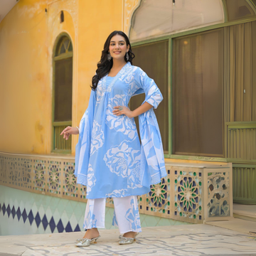 Women's Blue Cotton Printed Kurta with Matching Salwar and Dupatta Set – Perfect Casual & Festive Outfit | KS-10