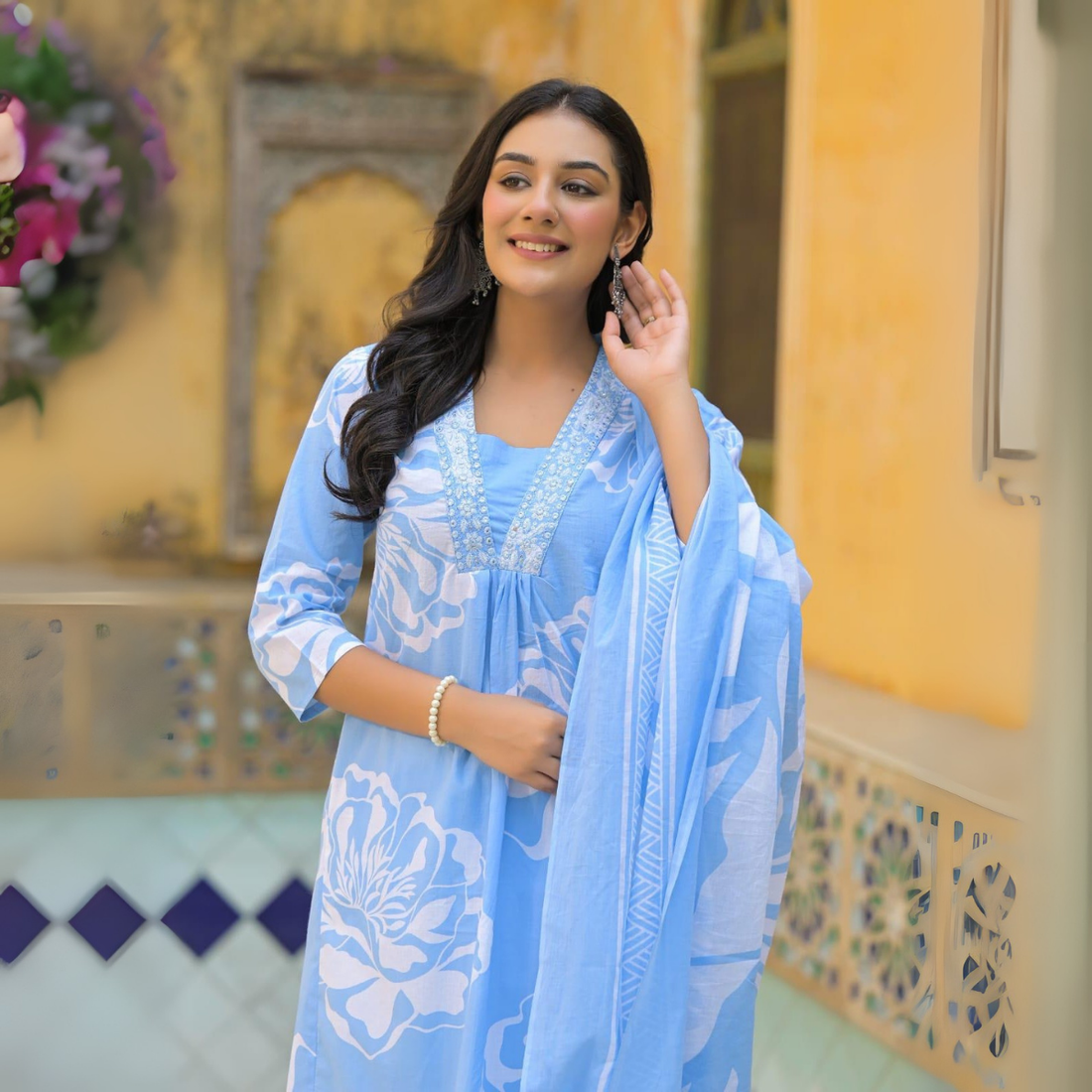 Women's Blue Cotton Printed Kurta with Matching Salwar and Dupatta Set – Perfect Casual & Festive Outfit | KS-10