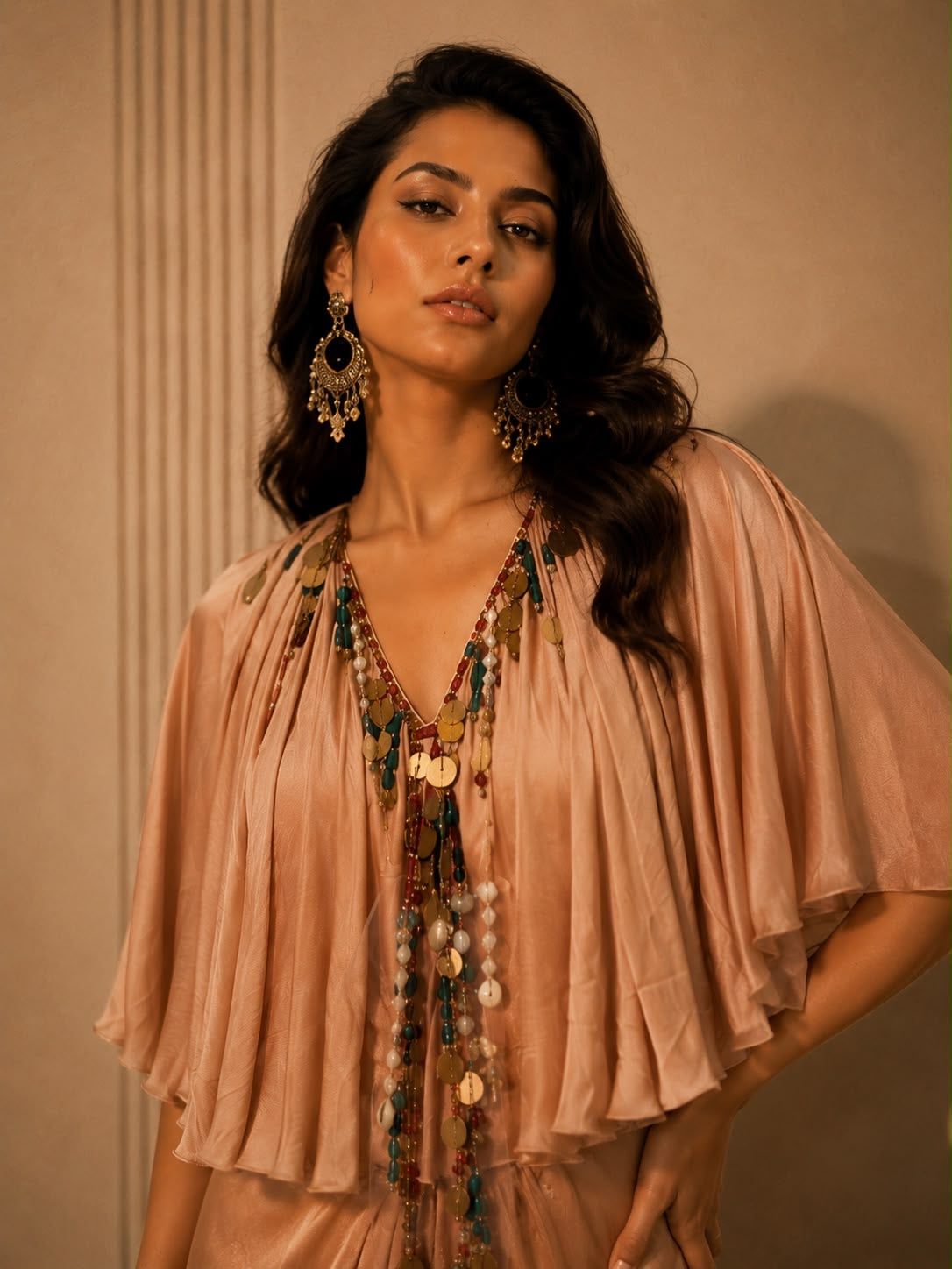 Beige Cape Sleeve Draped Gown