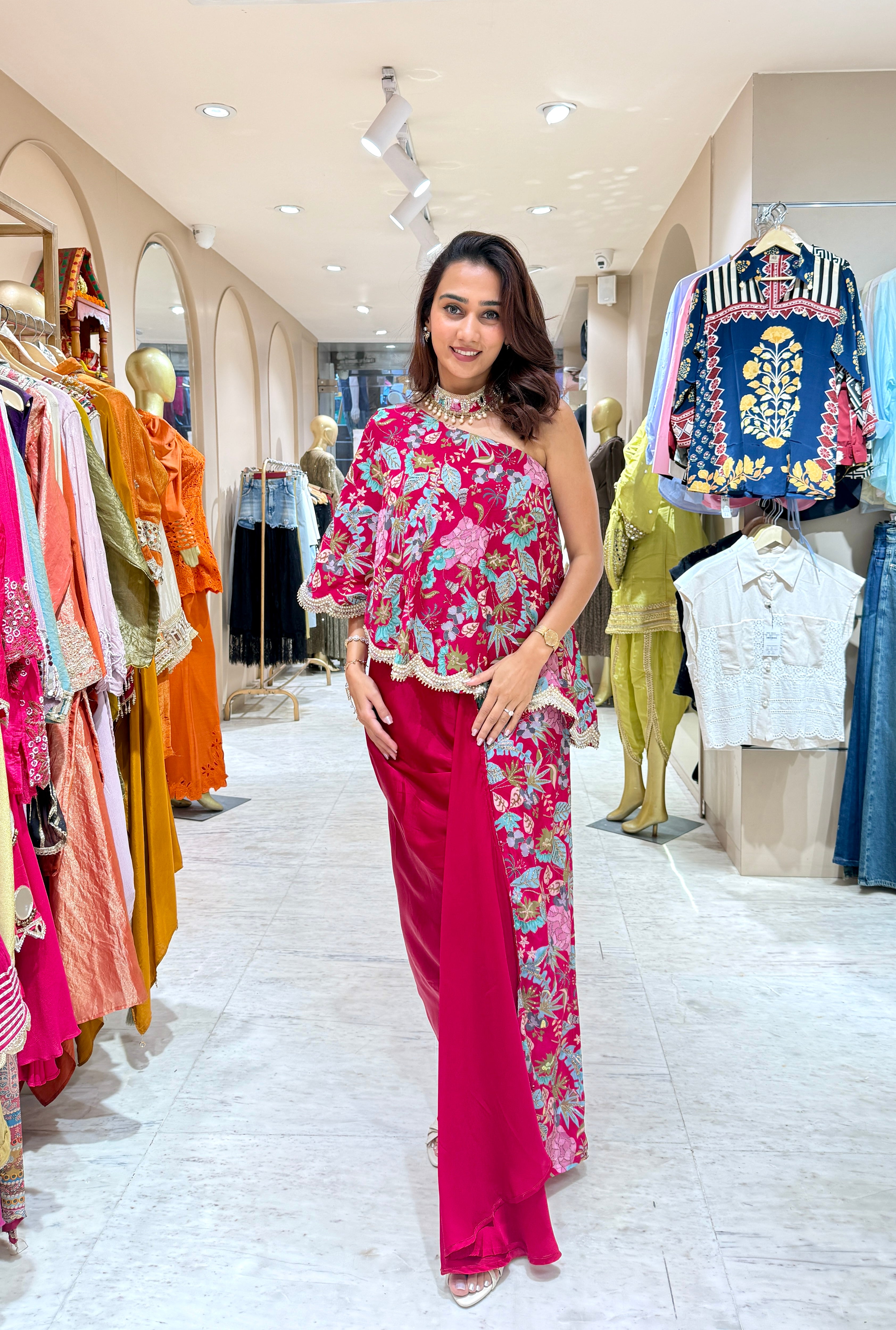Floral Embroidered One-Shoulder Blouse & Dhoti set