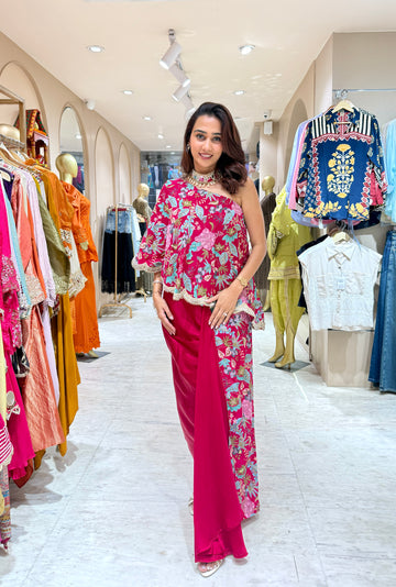 Floral Embroidered One-Shoulder Blouse & Dhoti set