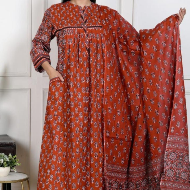 Women’s Cotton Kurta Set with Rustic Prints and Matching Dupatta | KS-03