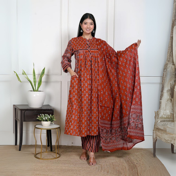 Women’s Cotton Kurta Set with Rustic Prints and Matching Dupatta | KS-03