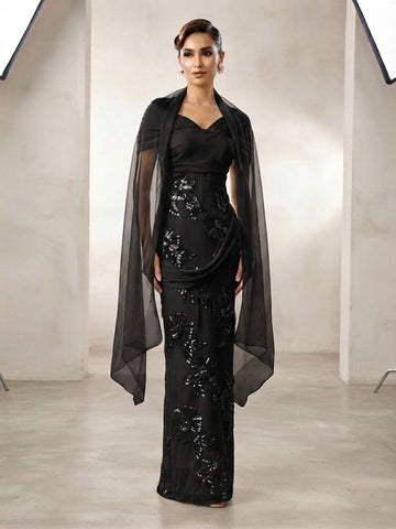 Embroidered Mesh Draped Maxi Dress