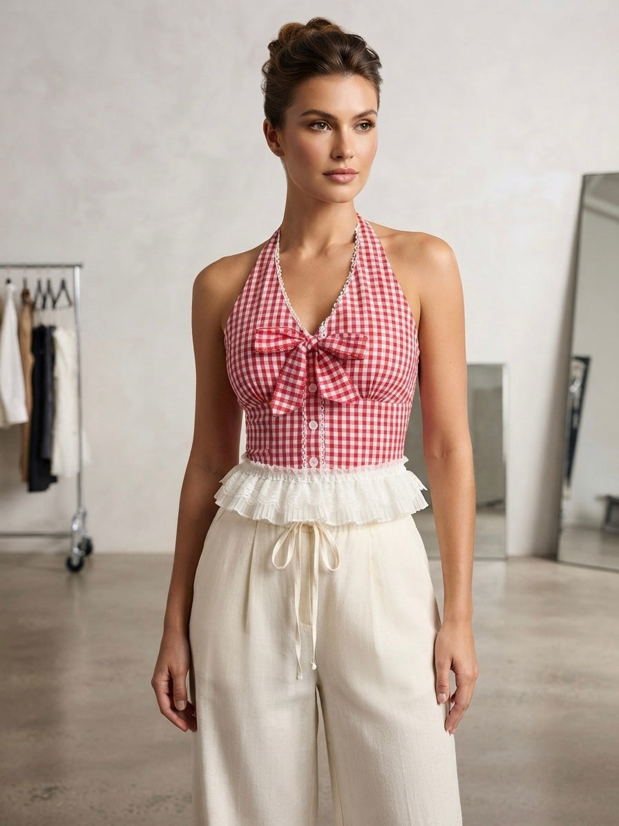 Brigitte Gingham Lace-Trim Halter Top