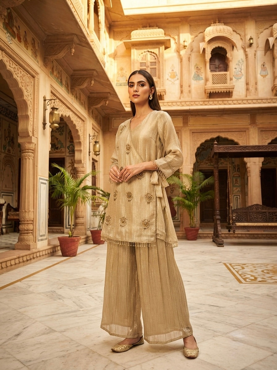 Champagne Gold Angrakha Kurta Set