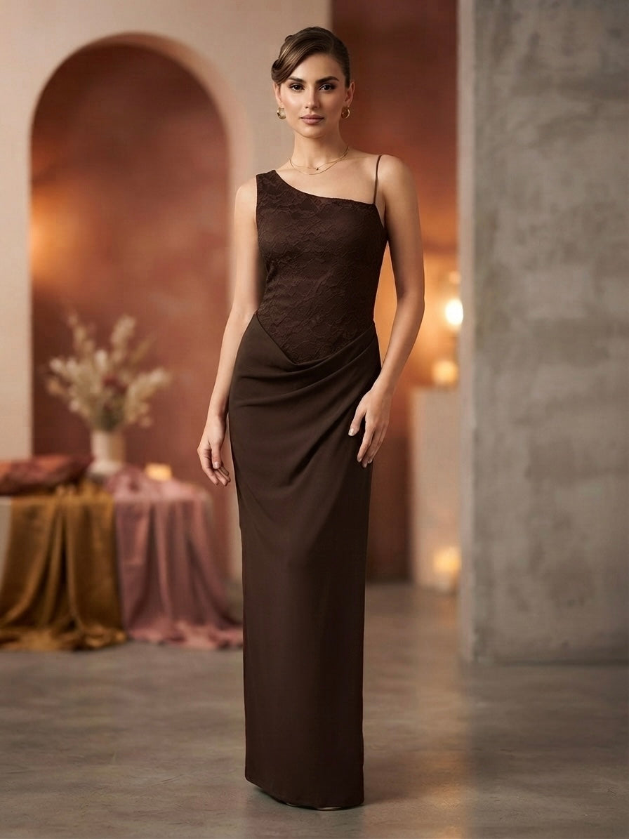 Mireille Lace Draped Asymmetric Maxi Dress