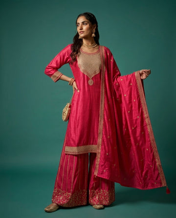 Rani Pink Heavy Zari Kurta Set