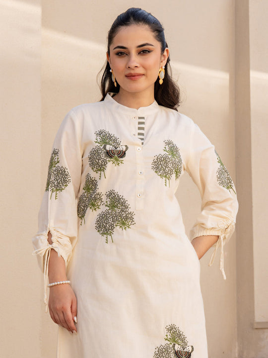 Off White Embroidered Straight Pure Cotton kurta pant set