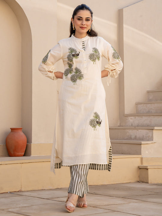 Off White Embroidered Straight Pure Cotton kurta pant set