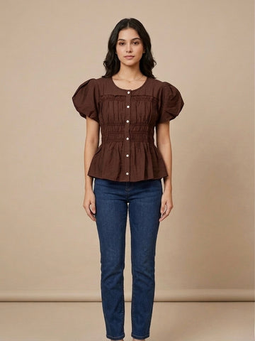 Maya Ruched Puff-Sleeve Top