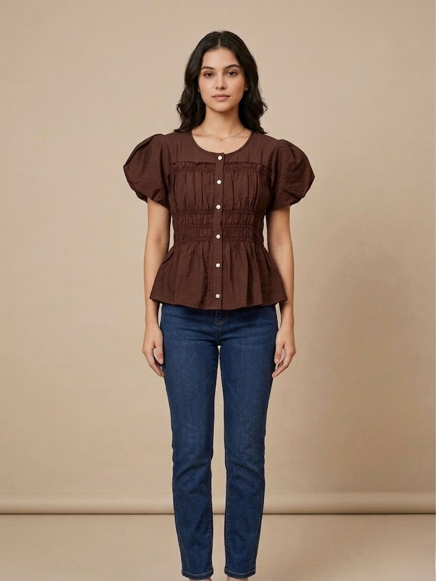 Maya Ruched Puff-Sleeve Top