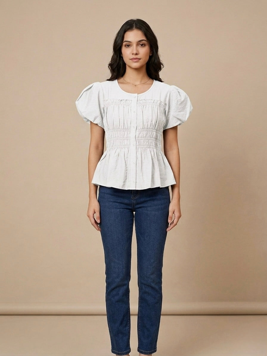 Maya Ruched Puff-Sleeve Top