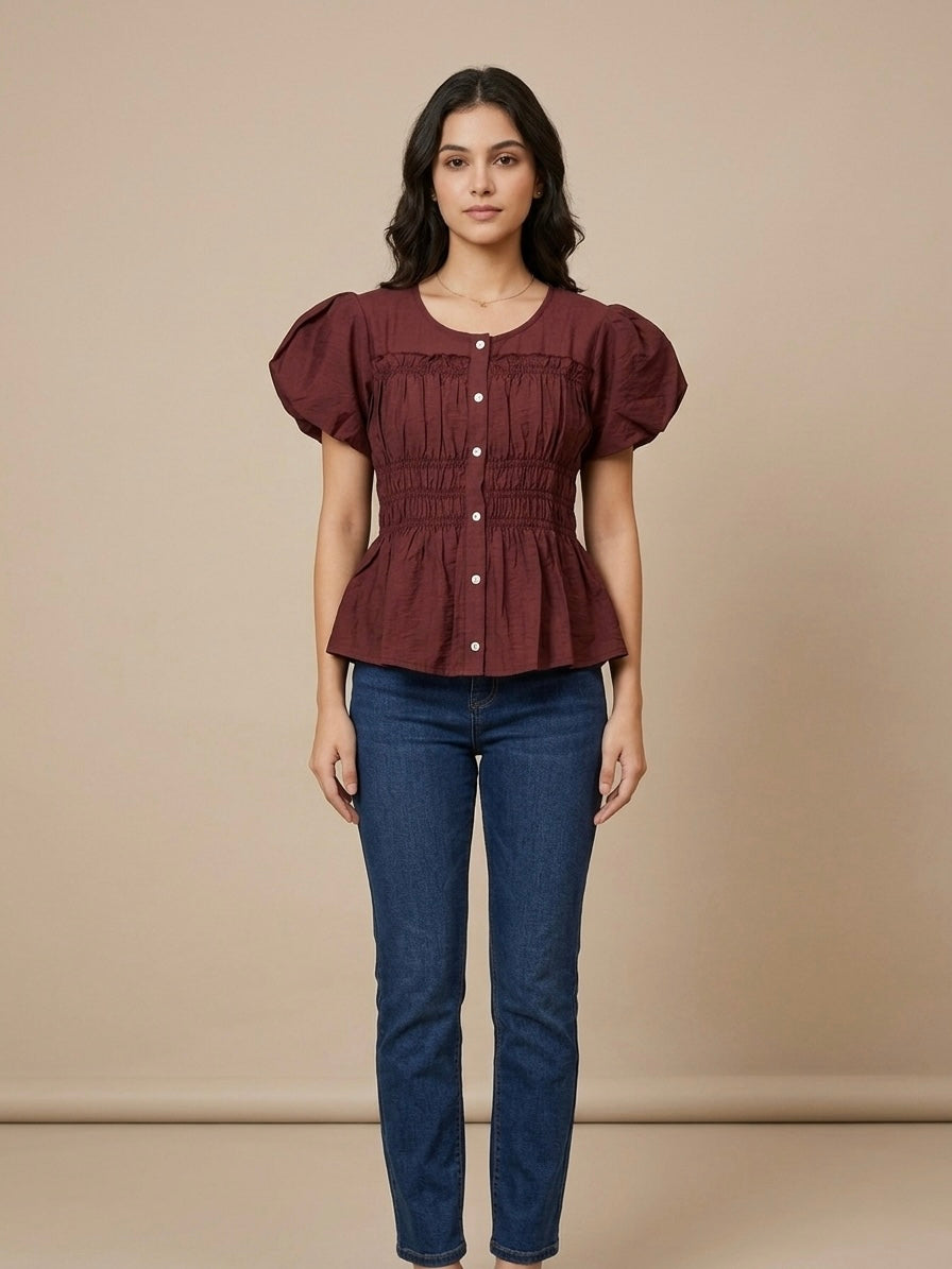Maya Ruched Puff-Sleeve Top