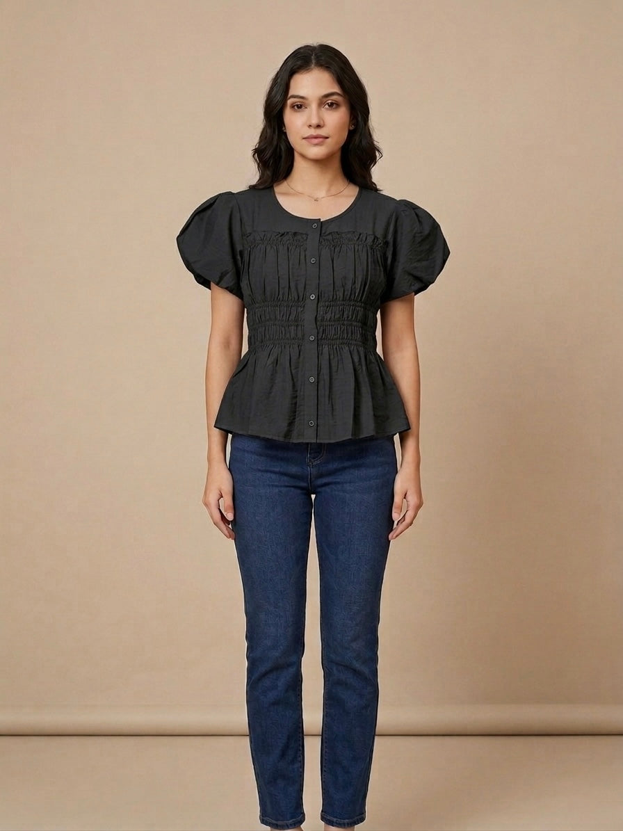 Maya Ruched Puff-Sleeve Top