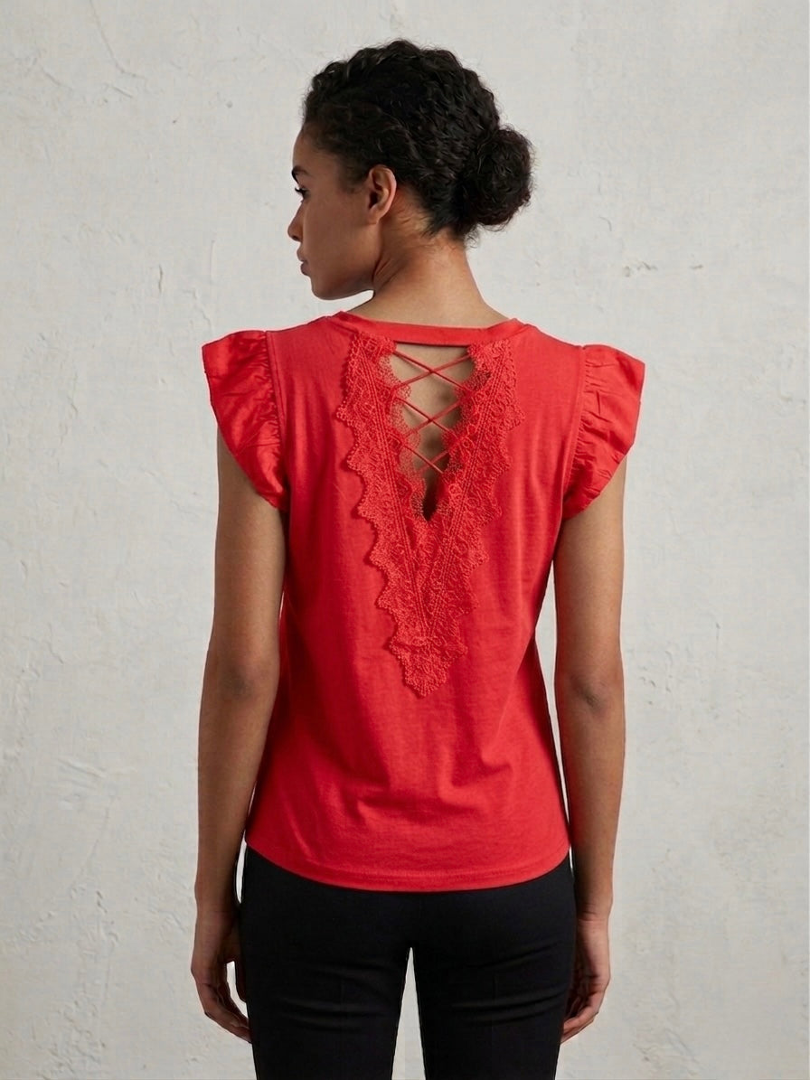 Rose-Embellished Lace-Back Top