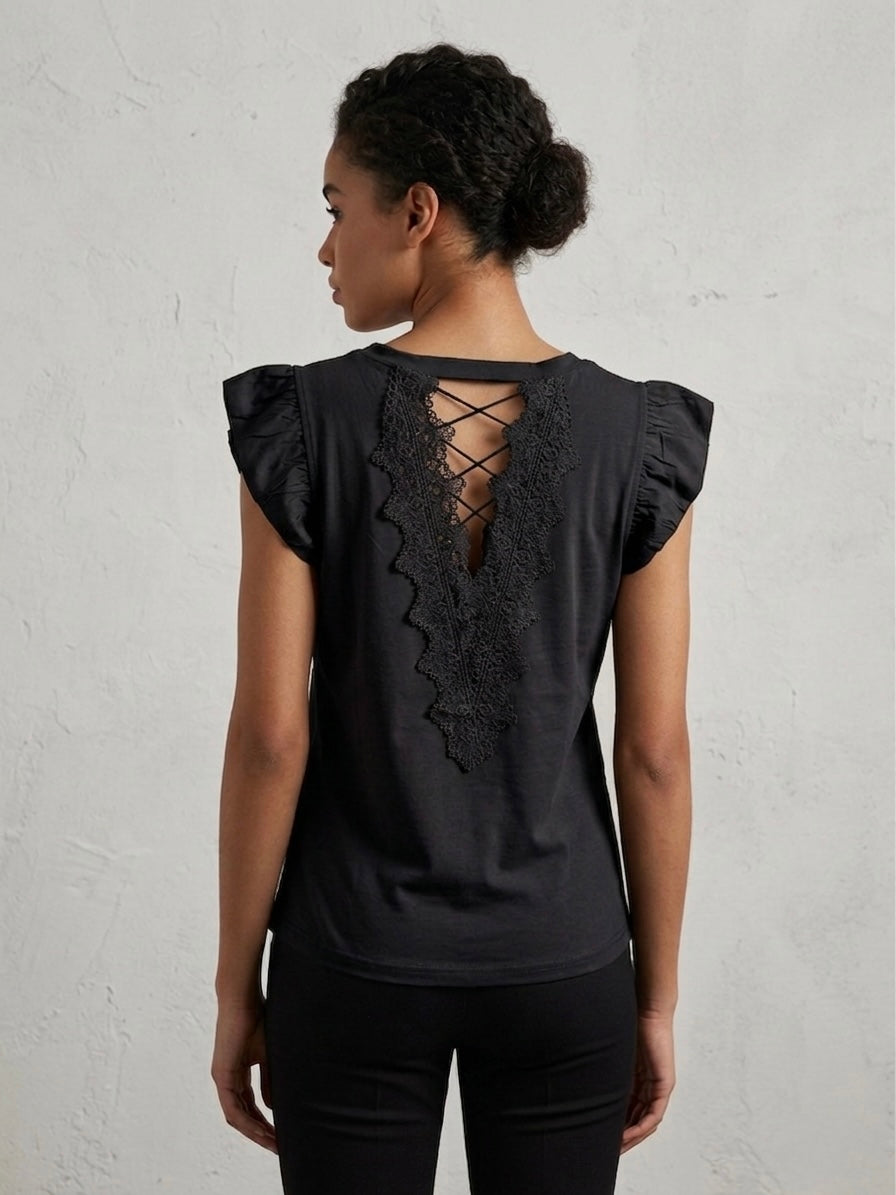 Rose-Embellished Lace-Back Top