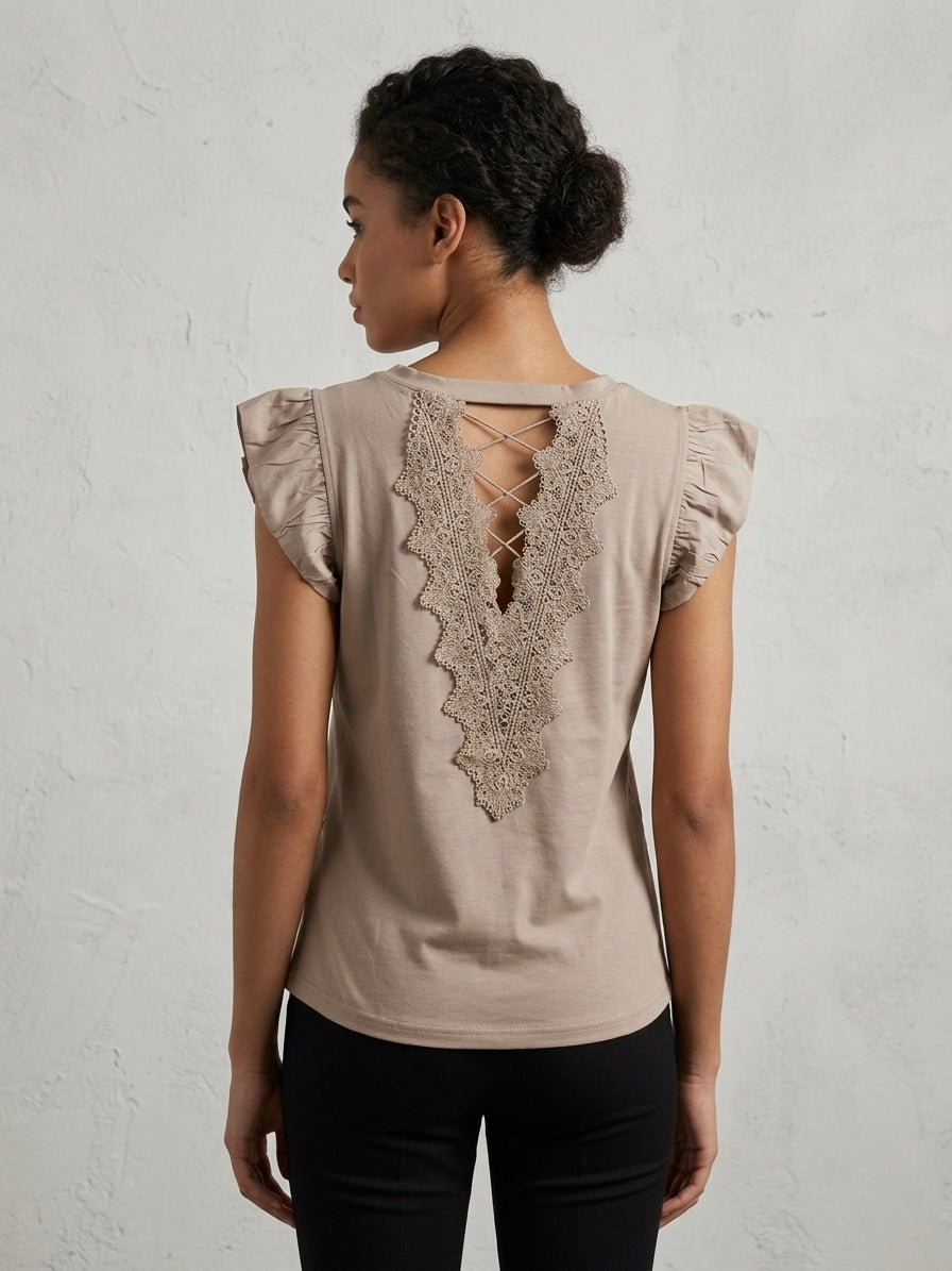 Rose-Embellished Lace-Back Top