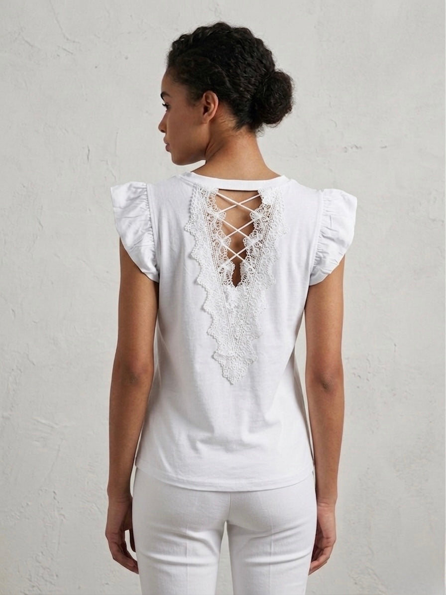 Rose-Embellished Lace-Back Top