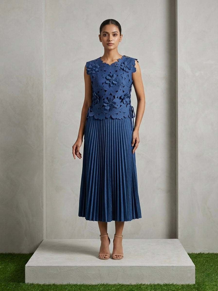 Azure Bloom Pleated Co-ord Set