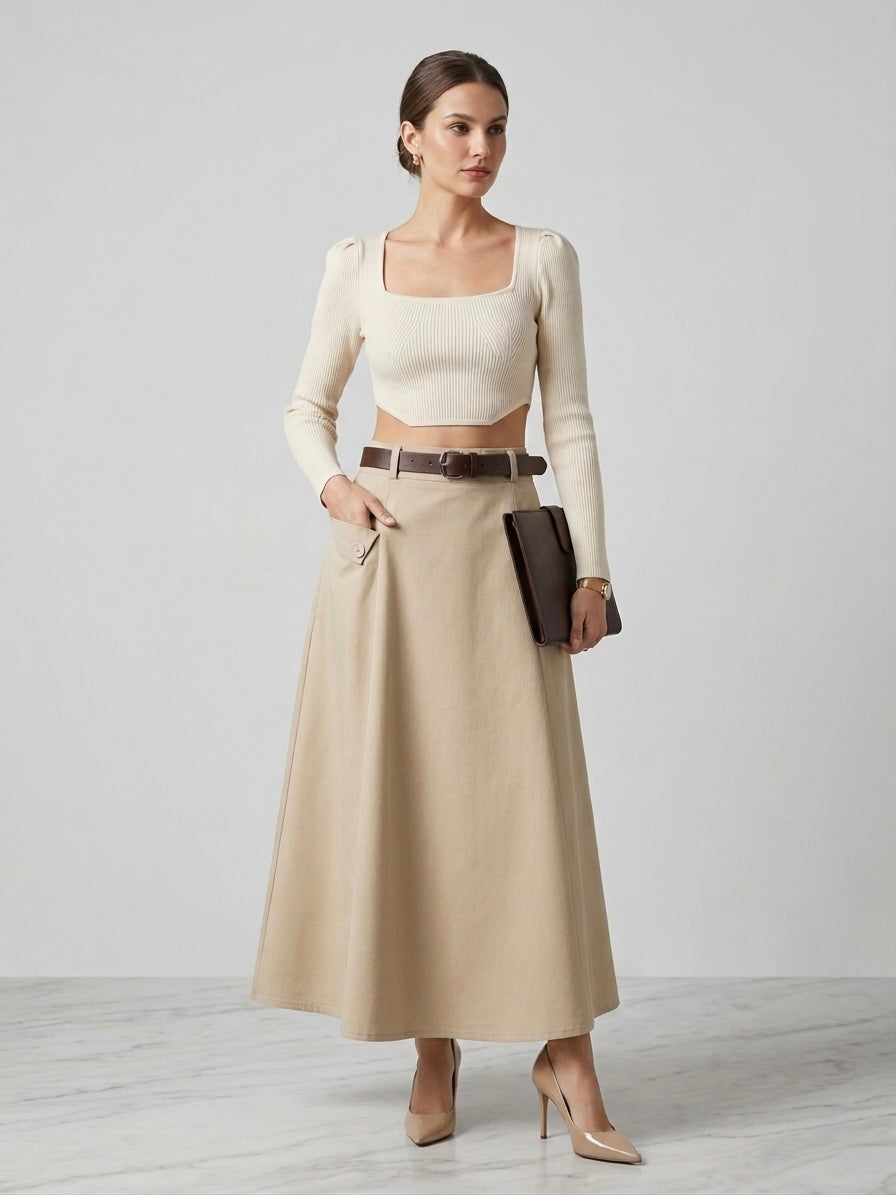 Sloane Belted Flare Midi Skirt