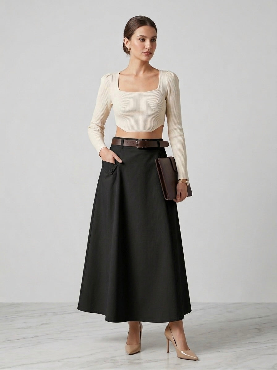 Sloane Belted Flare Midi Skirt
