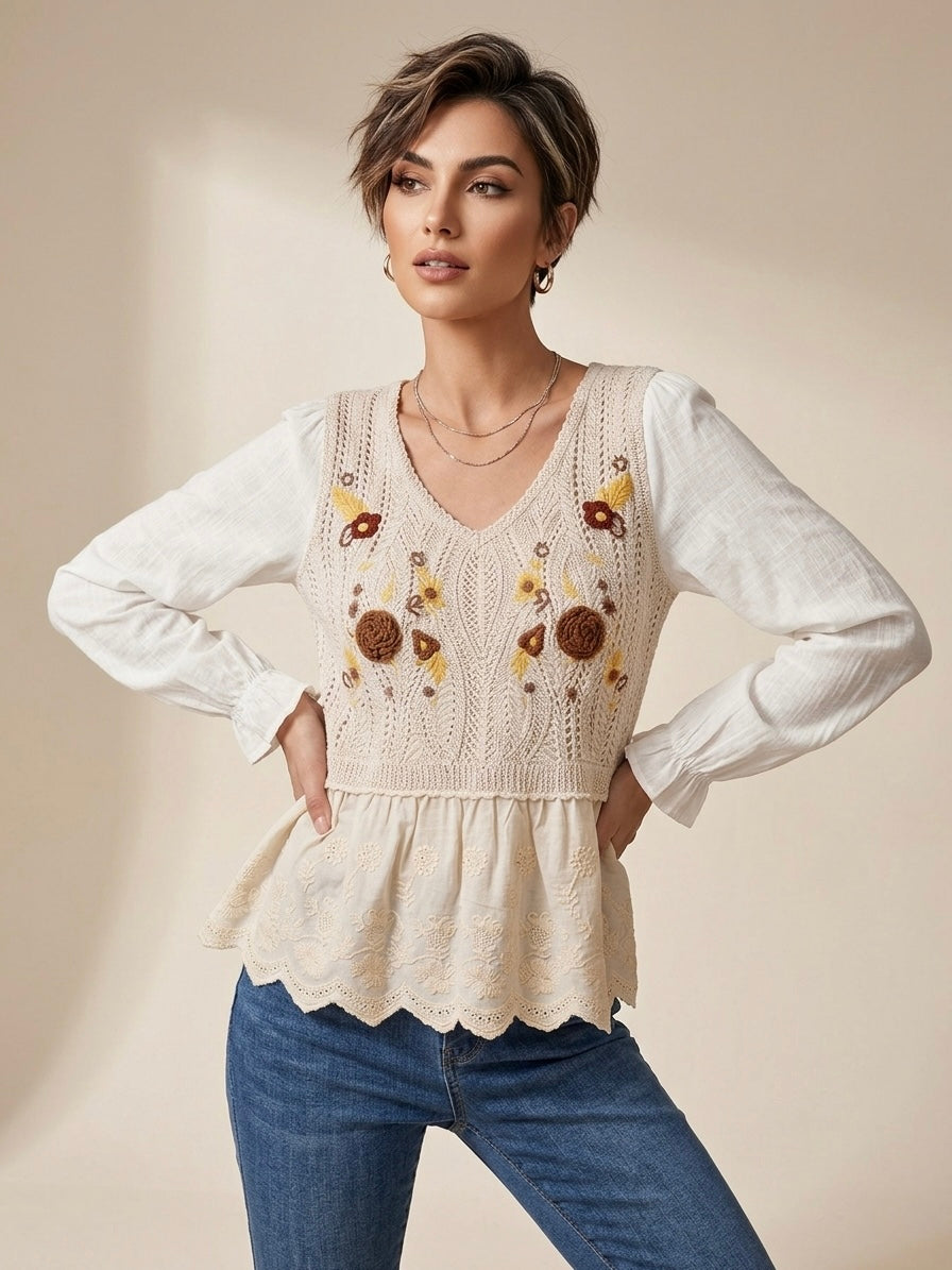 Crochet Embroidered Peplum Blouse