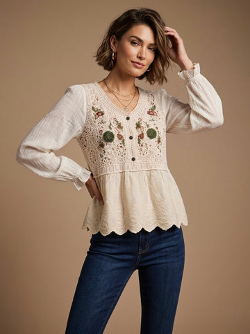 Crochet Embroidered Peplum Blouse