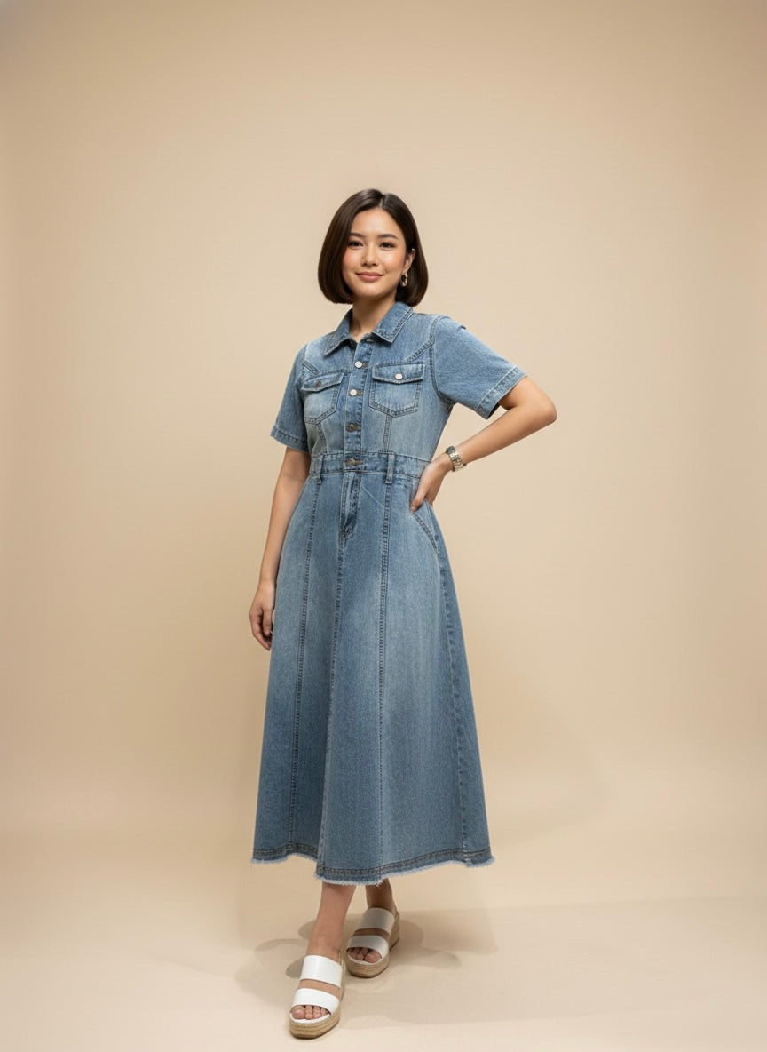 Retro-Chic Collared Denim Maxi Dress