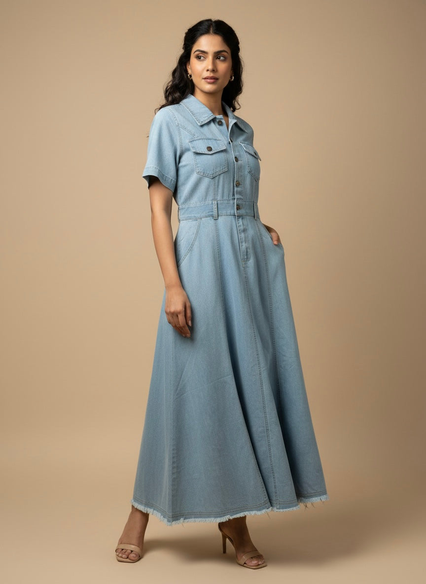 Retro-Chic Collared Denim Maxi Dress