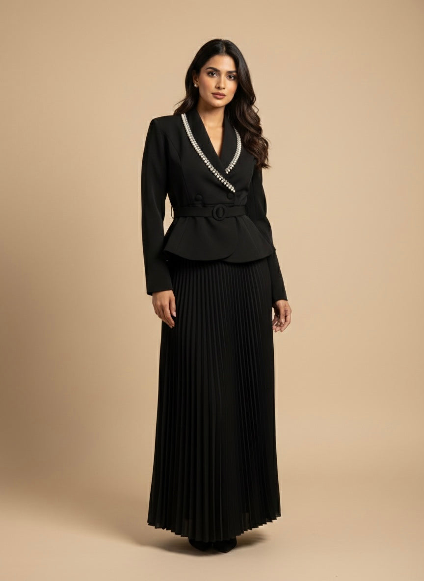 Pearl-Embellished Peplum &amp; Pleated Maxi Set