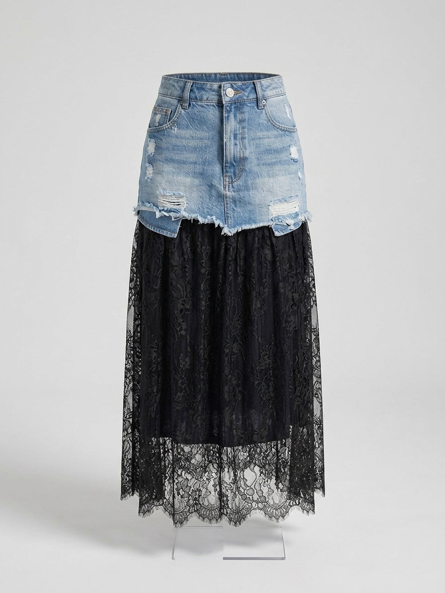 Saira Denim & Lace Layered Maxi Skirt