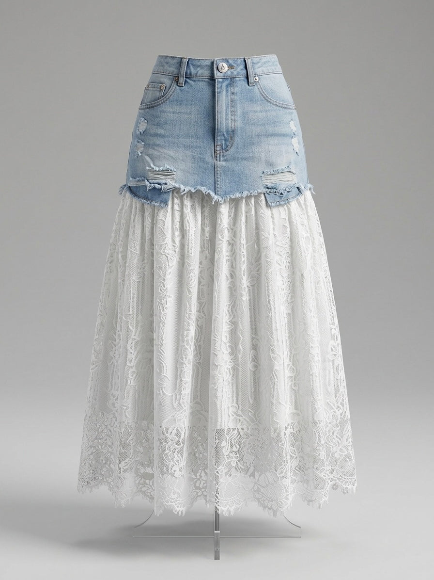 Saira Denim & Lace Layered Maxi Skirt