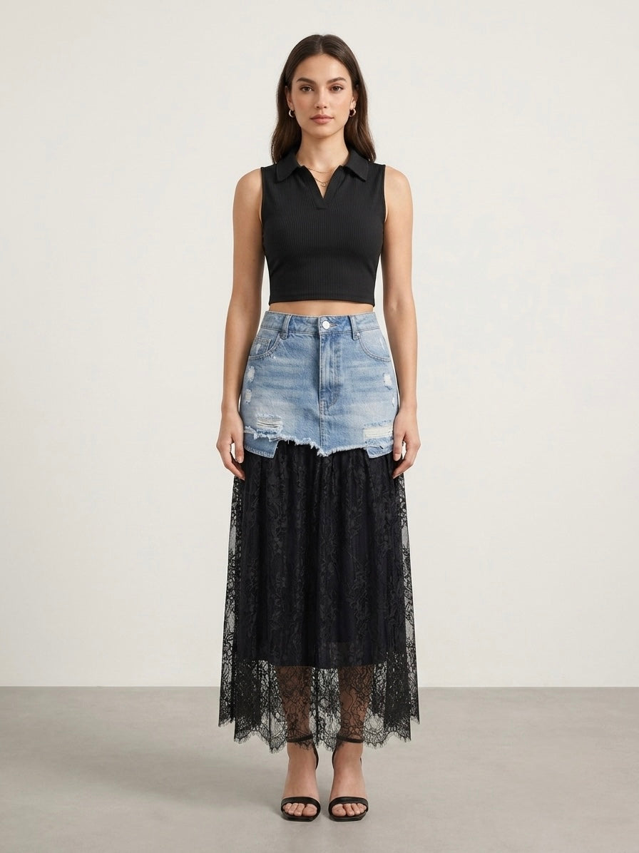 Saira Denim & Lace Layered Maxi Skirt