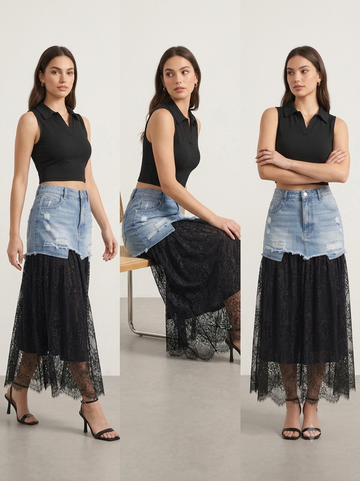 Saira Denim & Lace Layered Maxi Skirt