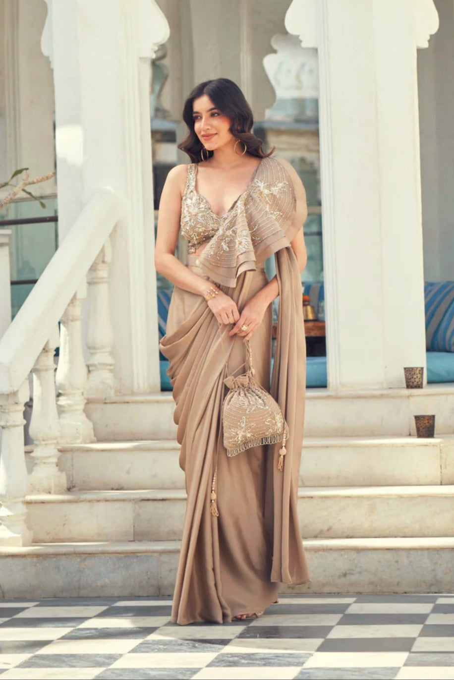 Champagne Drape Saree Set