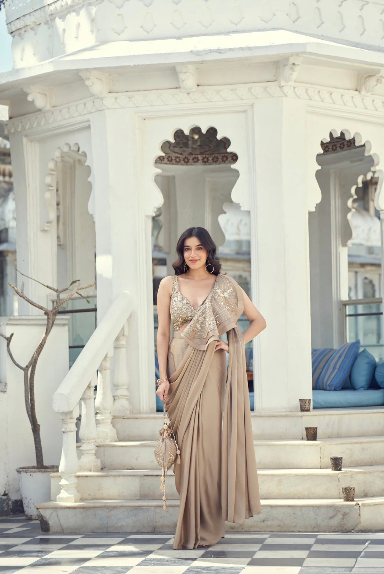 Champagne Drape Saree Set