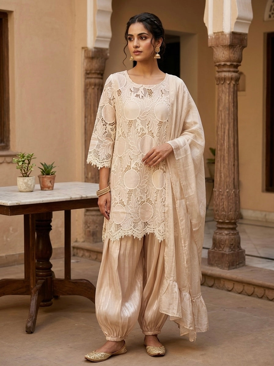 Blush Pink Floral Cutwork Balloon Pants Set