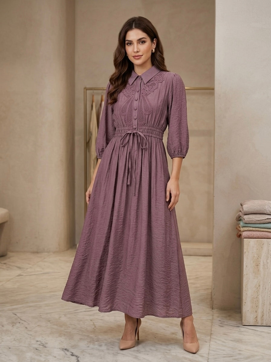 Mauve Embroidered Midi Dress